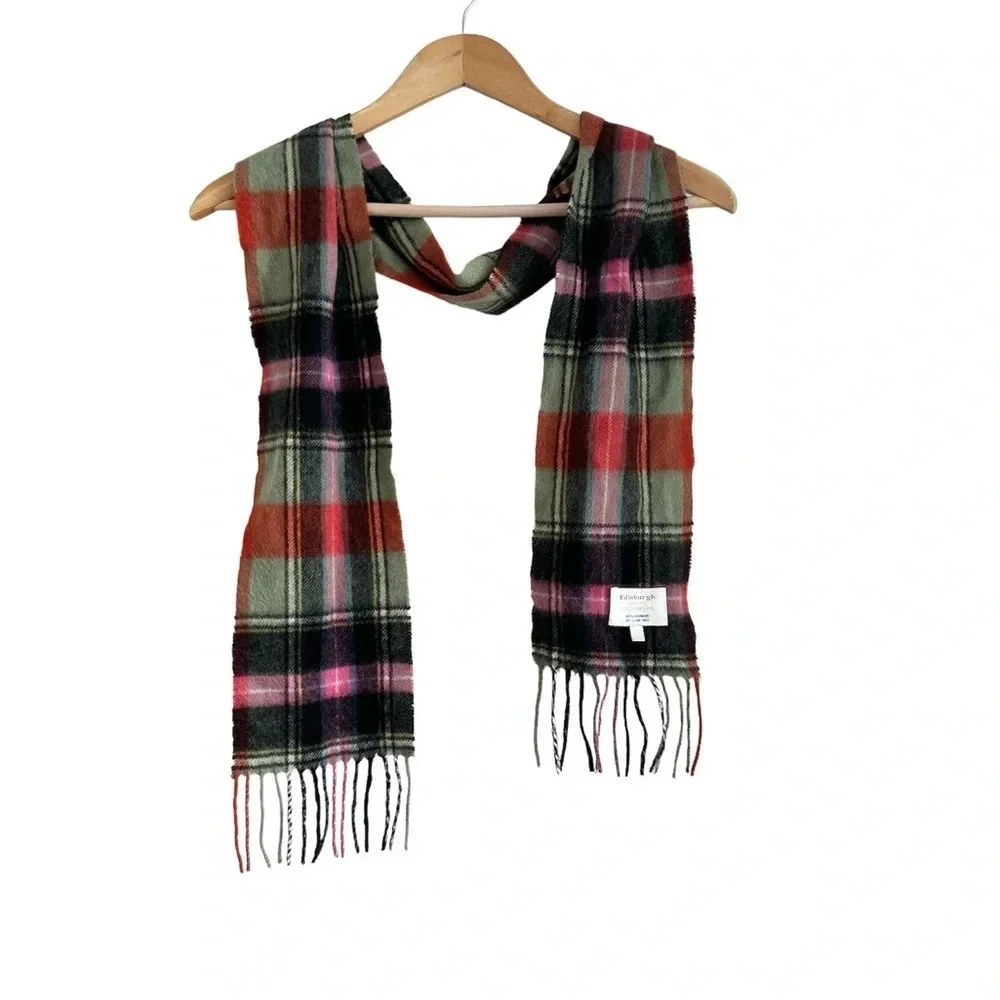 Edinburgh Cashmere Scarf Fringe Plaid Pink Green Red